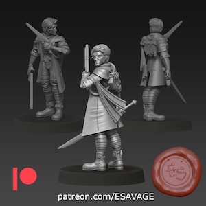 May include: 3D-printed figurine of a character in a fantasy outfit, holding a sword and a futuristic weapon. The figure is in a dynamic pose, with detailed armor and clothing. The base has the text "patreon.com/ESAVAGE".