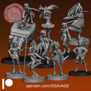 May include: A collection of gray 3D-printed figurines of various anime-style characters in dynamic poses. The figures include characters with weapons, mechanical elements, and detailed clothing. The image also includes a logo and website address.