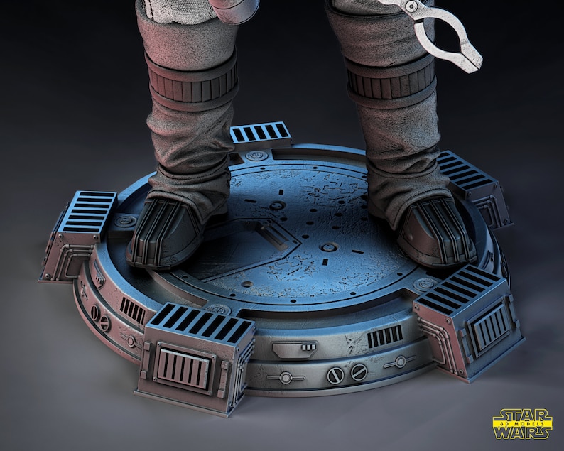 May include: A detailed, gray and silver, sci-fi themed, action figure base with a circular platform and multiple rectangular panels. The base has a worn, textured surface and is designed to hold a figure.