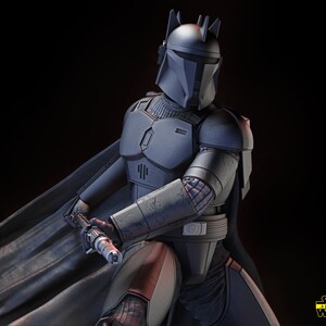 May include: A dark gray and black Mandalorian helmet with a cape and a lightsaber. The helmet has a black visor and a series of spikes on the top. The Mandalorian is holding a lightsaber in his right hand. The background is black.