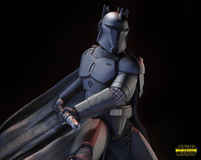 May include: A dark gray and black Mandalorian helmet with a cape and a lightsaber. The helmet has a black visor and a series of spikes on the top. The Mandalorian is holding a lightsaber in his right hand. The background is black.