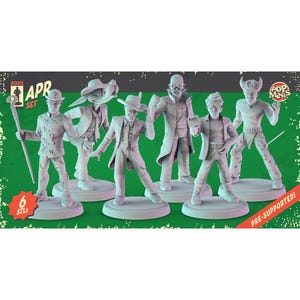Könnte beinhalten: Ein Set aus sechs grauen Miniaturfiguren von Comicfiguren. Jede Figur steht auf einem kreisförmigen Sockel. Die Figuren befinden sich in verschiedenen Posen, und das Bild enthält den Text "2025 APR SET" und "6 STLS". Die Worte "POP MINIS" sind ebenfalls sichtbar.