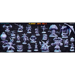 Op de afbeelding: Een verzameling gedetailleerde, grijze miniatuurbeeldjes, waaronder draken, krijgers en monsters. De beeldjes zijn gerangschikt op een donkere achtergrond. Tekst bovenaan luidt "CLASSIC JRPG VOL. 3" en "September Release".