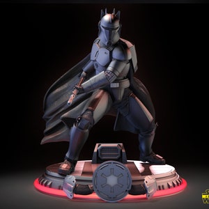 May include: A detailed, gray and black action figure of a Mandalorian warrior from Star Wars. The figure is posed in a fighting stance, holding a weapon. The figure is standing on a circular base with a symbol in the center. The base is lit from below with a red light.