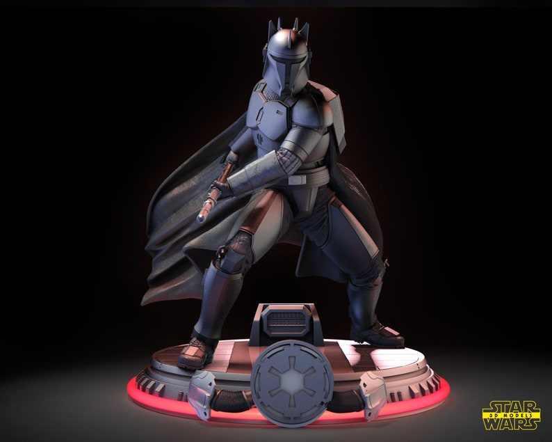 May include: A detailed, gray and black action figure of a Mandalorian warrior from Star Wars. The figure is posed in a fighting stance, holding a weapon. The figure is standing on a circular base with a symbol in the center. The base is lit from below with a red light.