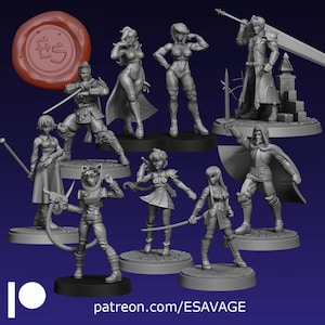 Könnte beinhalten: Eine Sammlung grauer Miniaturfiguren verschiedener Charaktere, darunter ein Samurai, eine Kapuzenfigur und mehrere weibliche Figuren in dynamischen Posen. Ein rotes Wachssiegel mit den Initialen "ES" befindet sich oben links. Der Text "patreon.com/ESAVAGE" steht unten.