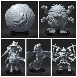 May include: A selection of fantasy miniature figurines. The set includes a round, stone-like creature with a grinning face, a four-armed lion-like beast, a skeleton riding a horse, a winged humanoid figure, and a skeleton warrior with multiple swords.