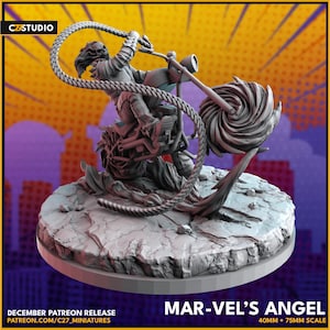 May include: A gray 3D printed miniature of a superhero character riding a motorcycle. The character is wearing a helmet and a cape. The motorcycle has a large, swirling wheel. The miniature is on a gray base. "Mar-Vel's Angel" and "40mm + 75mm Scale" are printed on the base.