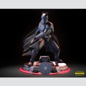 May include: A detailed, gray and black action figure of a Star Wars character wearing a helmet and cape. The figure is standing on a base with a red light and the Star Wars logo.