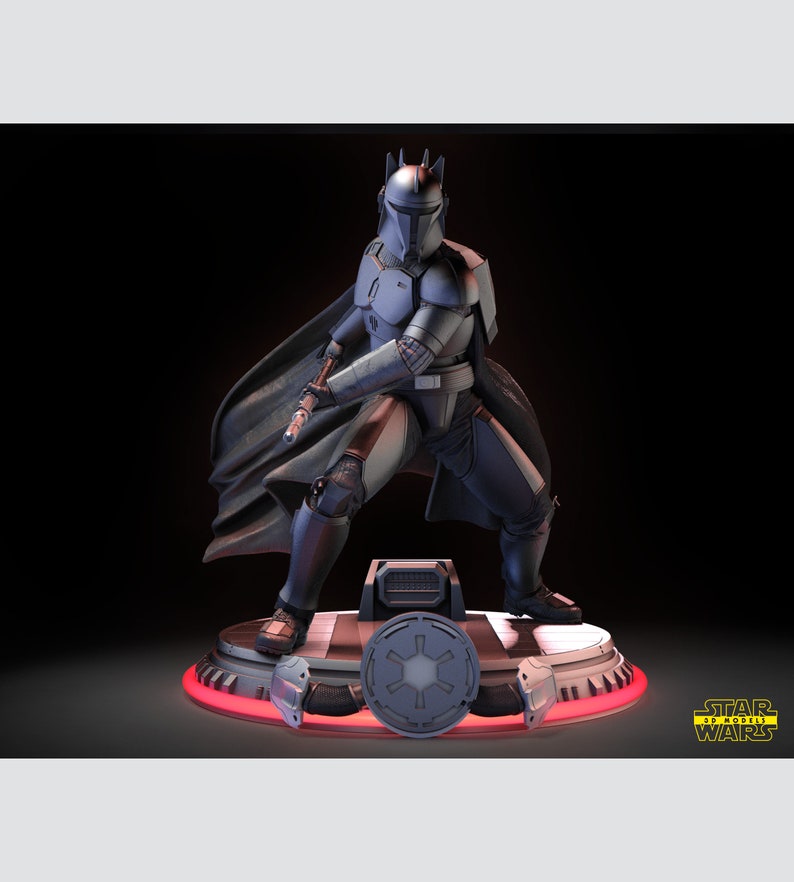 May include: A detailed, gray and black action figure of a Star Wars character wearing a helmet and cape. The figure is standing on a base with a red light and the Star Wars logo.