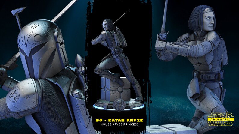 以下が含まれることがあります： スターウォーズのキャラクター、カタン・クライゼの3Dプリントモデル。グレーとブラックのマンダロリアンアーマーを着用し、ライトセーバーを構えています。モデルは「BO - Katan Kryze House Kryze Princess」というテキストが書かれたベースの上に置かれています。