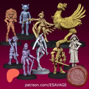 Könnte beinhalten: Eine Sammlung von Fantasy-Figuren in verschiedenen Posen und Farben. Die Figuren umfassen einen fuchsartigen Charakter, einen Krieger mit einem Schwert und einen großen goldenen Vogel. Jede Figur steht auf einem schwarzen Sockel. Der Text "patreon.com/ESAVAGE" ist enthalten.