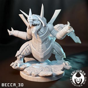 May include: A white, detailed, 3D printed miniature of a dragon-like creature with a robotic design. The creature is standing on a rocky base. The miniature is part of a set of miniatures for tabletop gaming.