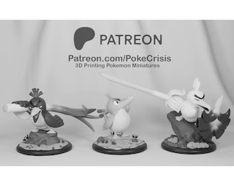 May include: Black and white 3D-printed Pokemon miniatures. The image shows three figurines of different Pokemon characters. The figurines are on small, round bases with a grassy texture. The text "PATREON" and "Patreon.com/PokeCrisis" are visible.
