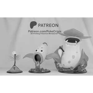 Könnte beinhalten: Schwarz-Weiß 3D-gedruckte Pokémon-Miniaturen. Das Bild zeigt drei verschiedene Pokémon-Charaktere. Der Text "PATREON" und "Patreon.com/PokeCrisis 3D Printing Pokemon Miniatures" sind sichtbar.
