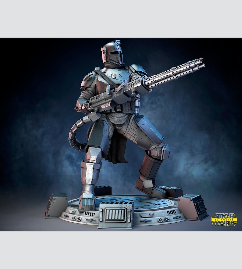May include: A detailed, gray and blue action figure of a Star Wars Mandalorian with a large, multi-barreled weapon. The figure is standing on a circular base with a Star Wars logo.