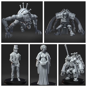 Può includere: Una collezione di figurine in miniatura grigie, tra cui una creatura meccanica simile a un ragno, un robot multi-braccio, un uomo con un cappello a cilindro, una donna in un abito lungo e una figura steampunk.