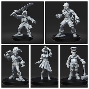 Könnte beinhalten: Fünf graue Fantasy-Miniaturen auf schwarzen Sockeln. Die Figuren umfassen einen Krieger mit einem großen Schwert, einen Elfen mit einem Bogen, eine Figur mit verbundenen Augen und einer Waffe, eine Frau in einem Kleid und einen Zwerg mit einem Hammer.