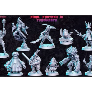 May include: A set of 10 grey painted miniature figurines from the Final Fantasy IX video game. The characters include Vivi, Zidane, Garnet, and more.
