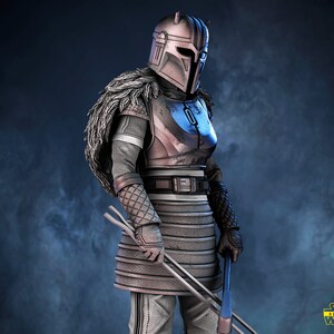 May include: A silver and blue armored figure with a horned helmet and a fur-lined cape holds two metal tools. The figure is standing against a dark blue background with smoke or fog.