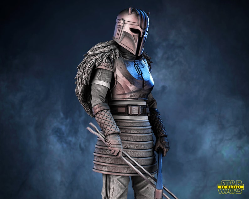 May include: A silver and blue armored figure with a horned helmet and a fur-lined cape holds two metal tools. The figure is standing against a dark blue background with smoke or fog.