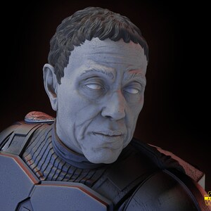 May include: A close-up of a 3D model of a character from Star Wars. The character is wearing a dark gray and black suit with a red stripe. The character has a serious expression on their face.