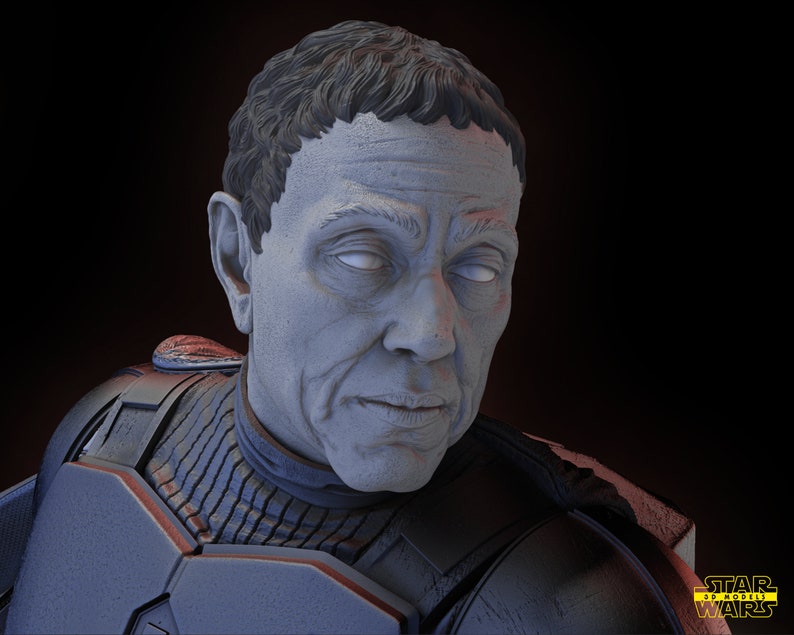 May include: A close-up of a 3D model of a character from Star Wars. The character is wearing a dark gray and black suit with a red stripe. The character has a serious expression on their face.