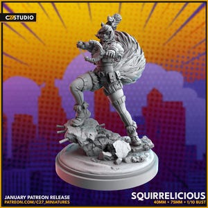 Peut inclure: Une figurine miniature peinte en gris représentant une créature ressemblant à un écureuil avec une queue touffue, portant une ceinture en cuir et tenant une arme. La figurine est posée sur une base rocheuse et fait partie d'une sortie Patreon de janvier. Le texte "SQUIRRELICIOUS" est imprimé sous la base, ainsi que les dimensions "40MM + 75MM + 1/10 BUST".