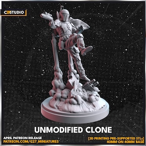 May include: A 3D printed miniature of a Star Wars clone trooper standing on a 40mm base. The figure is in a dynamic pose, holding a blaster rifle and wearing a helmet and armor. The base is textured to resemble a battle-damaged surface.