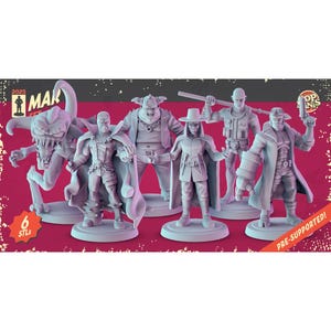 Op de afbeelding: Een verzameling van zes grijze 3D-geprinte miniaturen, waaronder een monster, een figuur met een cape en een personage met een hoed. De figuren staan op een roze en witte achtergrond met de tekst "2025 MAR SET" en "6 STLS".