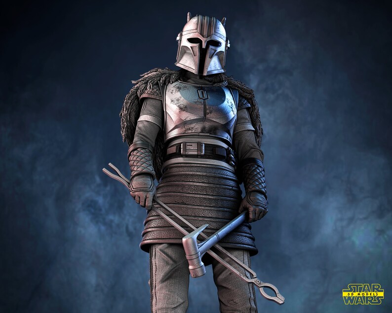 May include: A silver and blue Mandalorian helmet with a black and brown fur-lined cape. The Mandalorian is holding a silver and blue weapon with a hammer head.