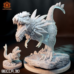 May include: A white, 3D printed miniature of a large, feathered dinosaur with a smaller, feathered dinosaur miniature in the foreground. The larger dinosaur has a wide open mouth with sharp teeth and a long tail. The smaller dinosaur is standing on its hind legs with its mouth open. Both dinosaurs are on a textured, circular base.