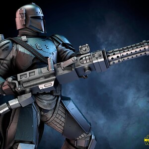 May include: A detailed, gray and silver action figure of a Mandalorian warrior holding a large, detailed, silver blaster rifle. The figure is posed in a dynamic stance, with the blaster rifle pointed forward. The background is a dark blue and gray, with a faint mist.