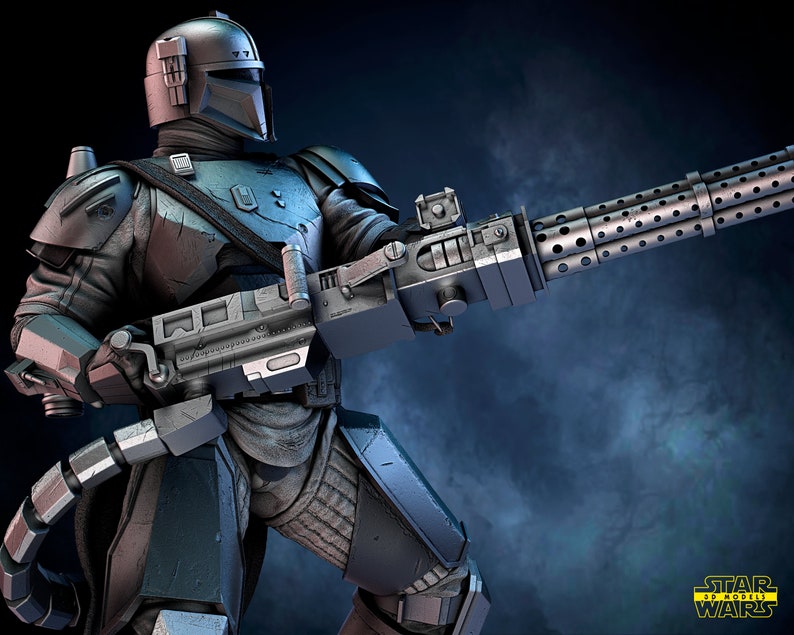 May include: A detailed, gray and silver action figure of a Mandalorian warrior holding a large, detailed, silver blaster rifle. The figure is posed in a dynamic stance, with the blaster rifle pointed forward. The background is a dark blue and gray, with a faint mist.