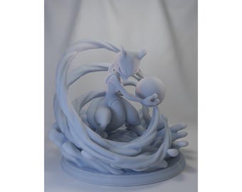 May include: A gray 3D printed figurine of a Pokemon character, Mewtwo, holding a sphere in its right hand. The figurine is surrounded by swirling, abstract shapes, suggesting a powerful energy field.