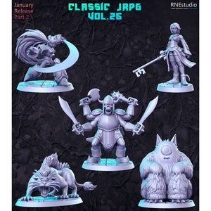 May include: Five 3D printed miniature figures, painted in a light gray color, on a dark gray textured background. The figures include a female warrior with a sword, a male warrior with an axe and swords, a female character with a key, a furry creature with one eye, and a cat-like creature with sharp teeth.