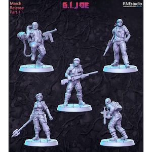 Può includere: Cinque miniature di soldati in plastica grigia, ciascuna con un'arma. Le miniature sono in pose d'azione e sono in piedi su basi rotonde. Le miniature fanno parte di un set a tema G.I. Joe.
