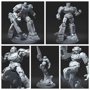 May include: A collection of gray robot figurines in various poses. The robots have detailed mechanical designs and are standing on circular bases. The images are well-lit, showcasing the intricate details of the robot models.