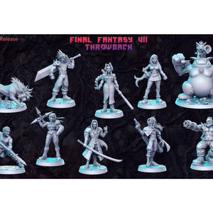 Könnte beinhalten: Ein Set aus neun grau bemalten Miniaturfiguren von Charakteren aus dem Videospiel Final Fantasy VII. Die Figuren umfassen Cloud, Tifa, Aerith, Sephiroth, Yuffie, Cid, Vincent und Red XIII. Die Figuren sind in verschiedenen Action-Posen dargestellt und bereit zum Bemalen.