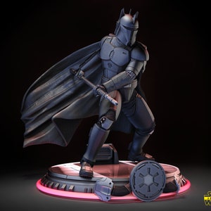 May include: A gray and black action figure of a Star Wars Mandalorian with a cape, holding a staff and standing on a circular base with a symbol. The base is lit with a red light. The figure is part of a Star Wars 3D model collection.
