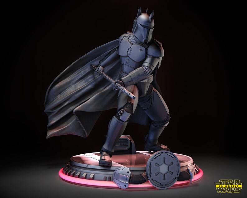 May include: A gray and black action figure of a Star Wars Mandalorian with a cape, holding a staff and standing on a circular base with a symbol. The base is lit with a red light. The figure is part of a Star Wars 3D model collection.
