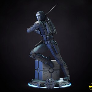 以下が含まれることがあります： スターウォーズの女性キャラクターの青と灰色のアクションフィギュア。フィギュアは戦闘姿勢で武器を持っています。フィギュアはスターウォーズのロゴが付いたベースの上に立っています。