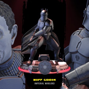 May include: A 3D printed model of Moff Gideon, a character from the Star Wars television series The Mandalorian. The model is painted in a dark gray color and features a detailed helmet and armor. The model is standing on a base with the Star Wars logo.