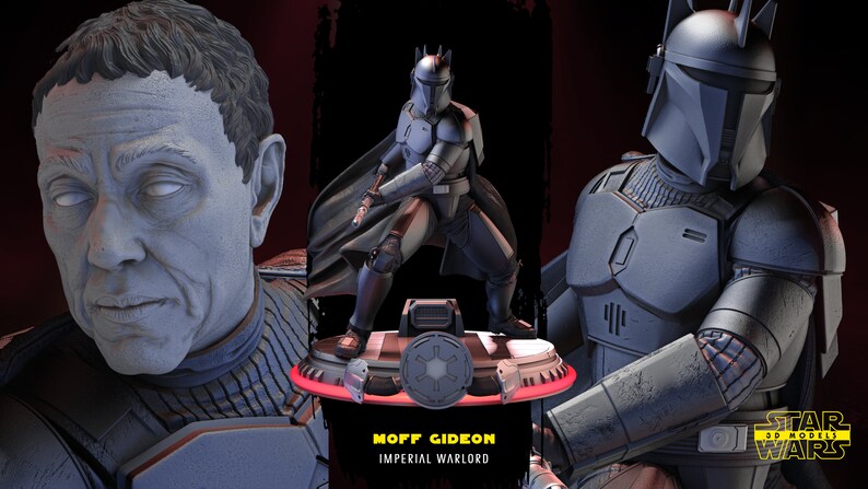 May include: A 3D printed model of Moff Gideon, a character from the Star Wars television series The Mandalorian. The model is painted in a dark gray color and features a detailed helmet and armor. The model is standing on a base with the Star Wars logo.
