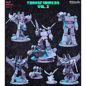 May include: A set of six gray 3D printed Transformers figures, including Optimus Prime, Megatron, and Starscream. The figures are posed in dynamic action poses and are ready for tabletop gaming. The figures are part of a series called "Transformers Vol. 3".