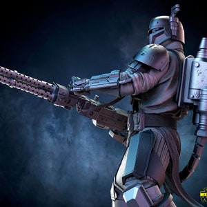 May include: A detailed, gray and silver action figure of a Mandalorian warrior from Star Wars. The figure is holding a large, double-barreled blaster rifle. The figure is wearing a helmet and armor with a jetpack on its back. The figure is posed in a dynamic action pose. The figure is part of the Star Wars 3D Models collection.