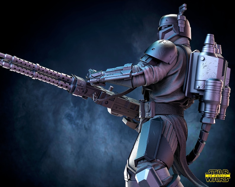 May include: A detailed, gray and silver action figure of a Mandalorian warrior from Star Wars. The figure is holding a large, double-barreled blaster rifle. The figure is wearing a helmet and armor with a jetpack on its back. The figure is posed in a dynamic action pose. The figure is part of the Star Wars 3D Models collection.