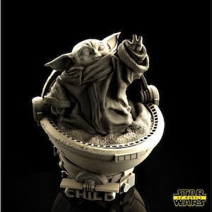 May include: A 3D printed figurine of the Child, also known as Baby Yoda, from the Star Wars series. The Child is sitting in a floating pod with a raised hand. The figurine is painted in a light gray color and has a detailed texture.