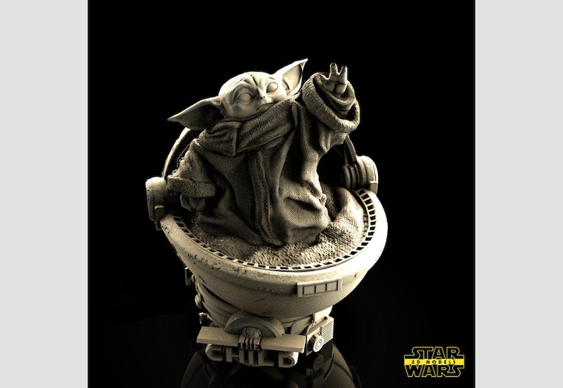 May include: A 3D printed figurine of the Child, also known as Baby Yoda, from the Star Wars series. The Child is sitting in a floating pod with a raised hand. The figurine is painted in a light gray color and has a detailed texture.