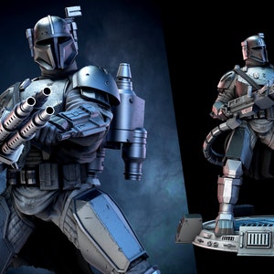 May include: A detailed 3D printed model of a Mandalorian warrior from Star Wars. The figure is posed in a dynamic action stance, holding a large blaster rifle. The model is painted in a silver and black color scheme, with intricate details throughout. The figure is standing on a circular base with the Star Wars logo.